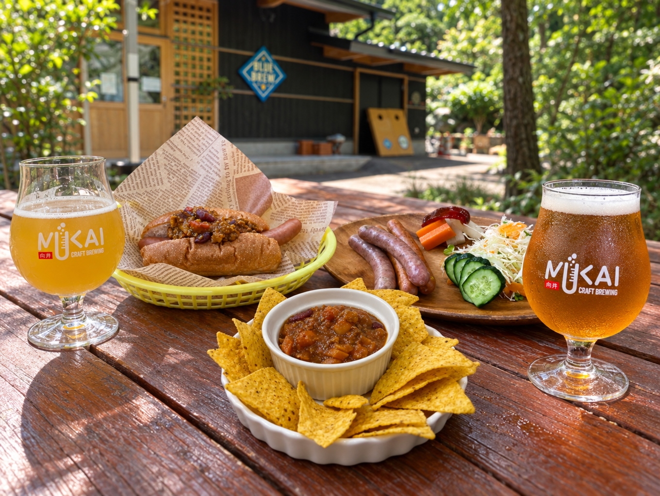Locally brewed beer, sausages, salad, and a bowl of food on an outdoor table at Blue Brew.