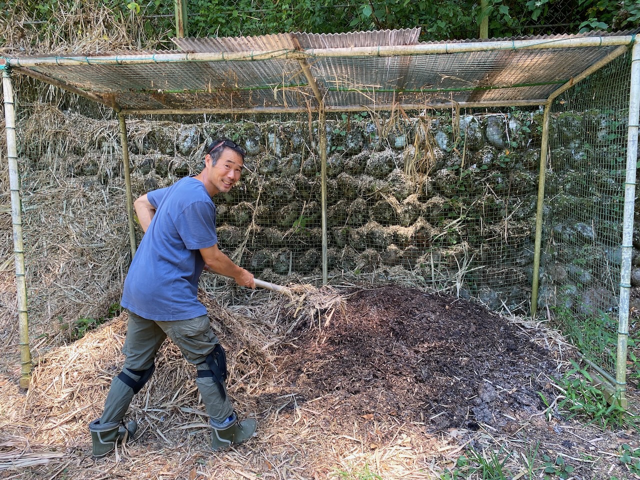 Repurposed soccer-goal structure used at the composting area