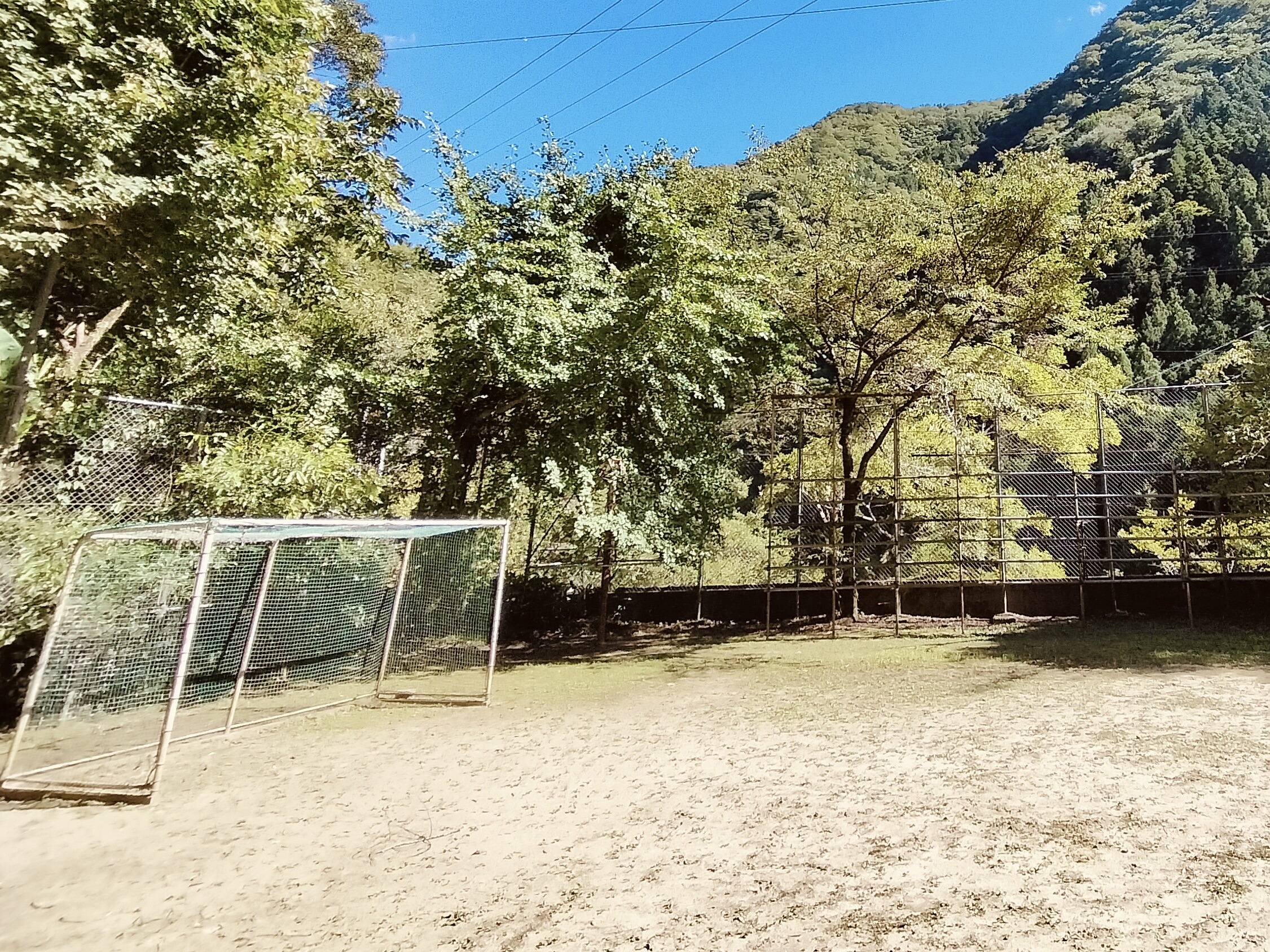 Unused soccer-goal frames before they were repurposed at Shimonanosato
