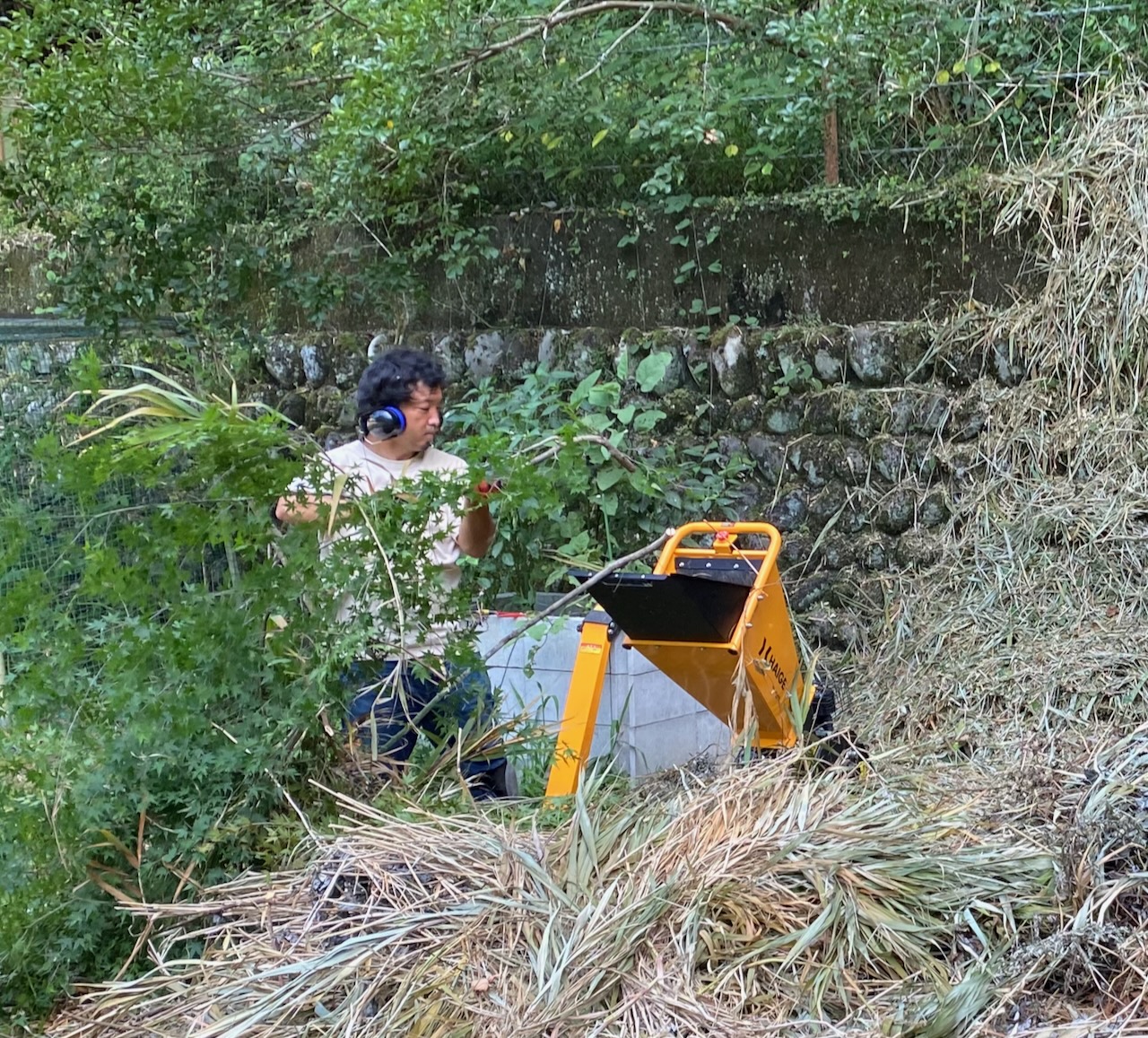 Wood-chipper processing suitable garden cuttings at Shimonanosato