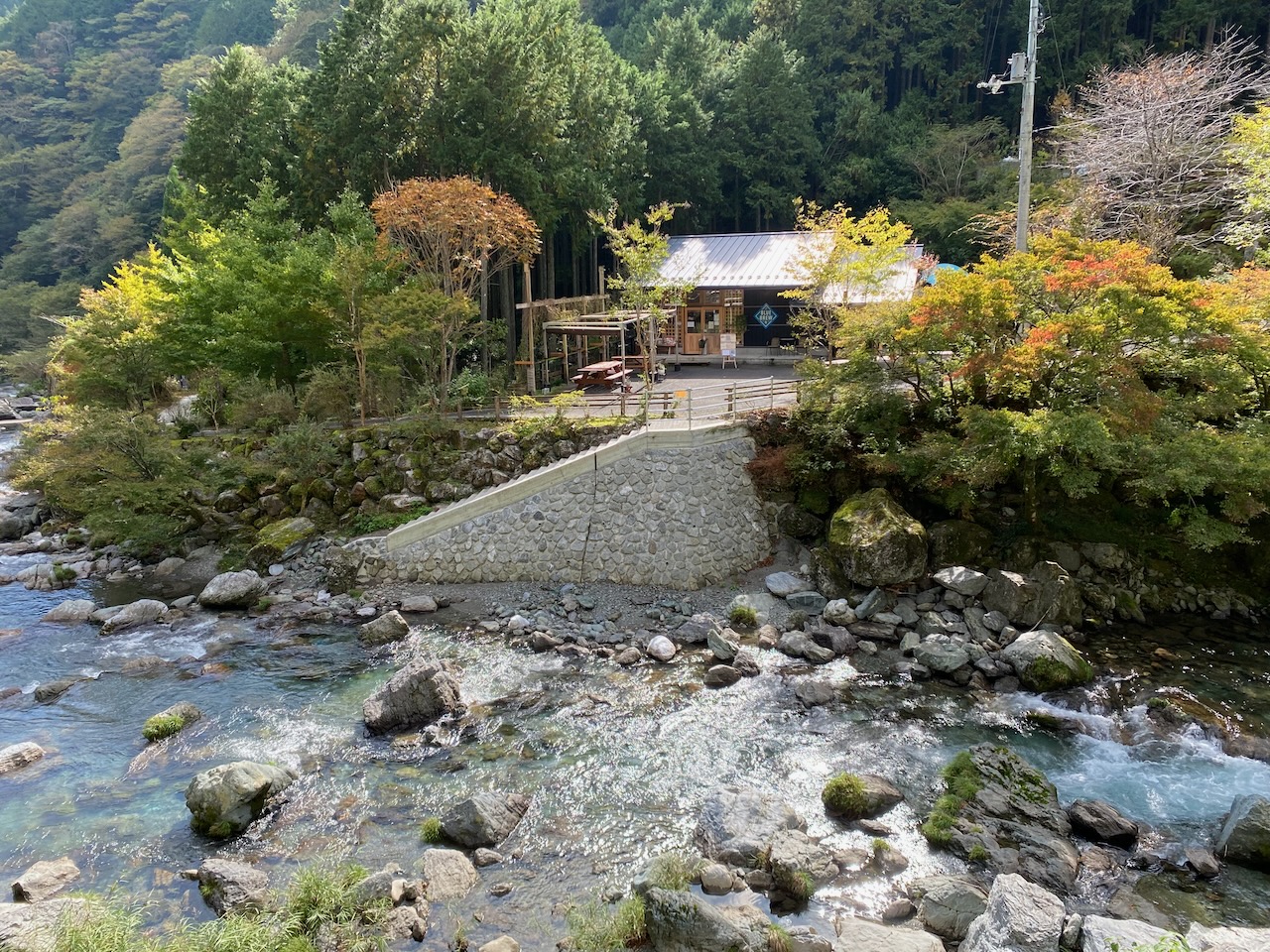 Blue Brew craft beer taproom surrounded by forest beside the Nakatsu River in Niyodogawa, Kochi.