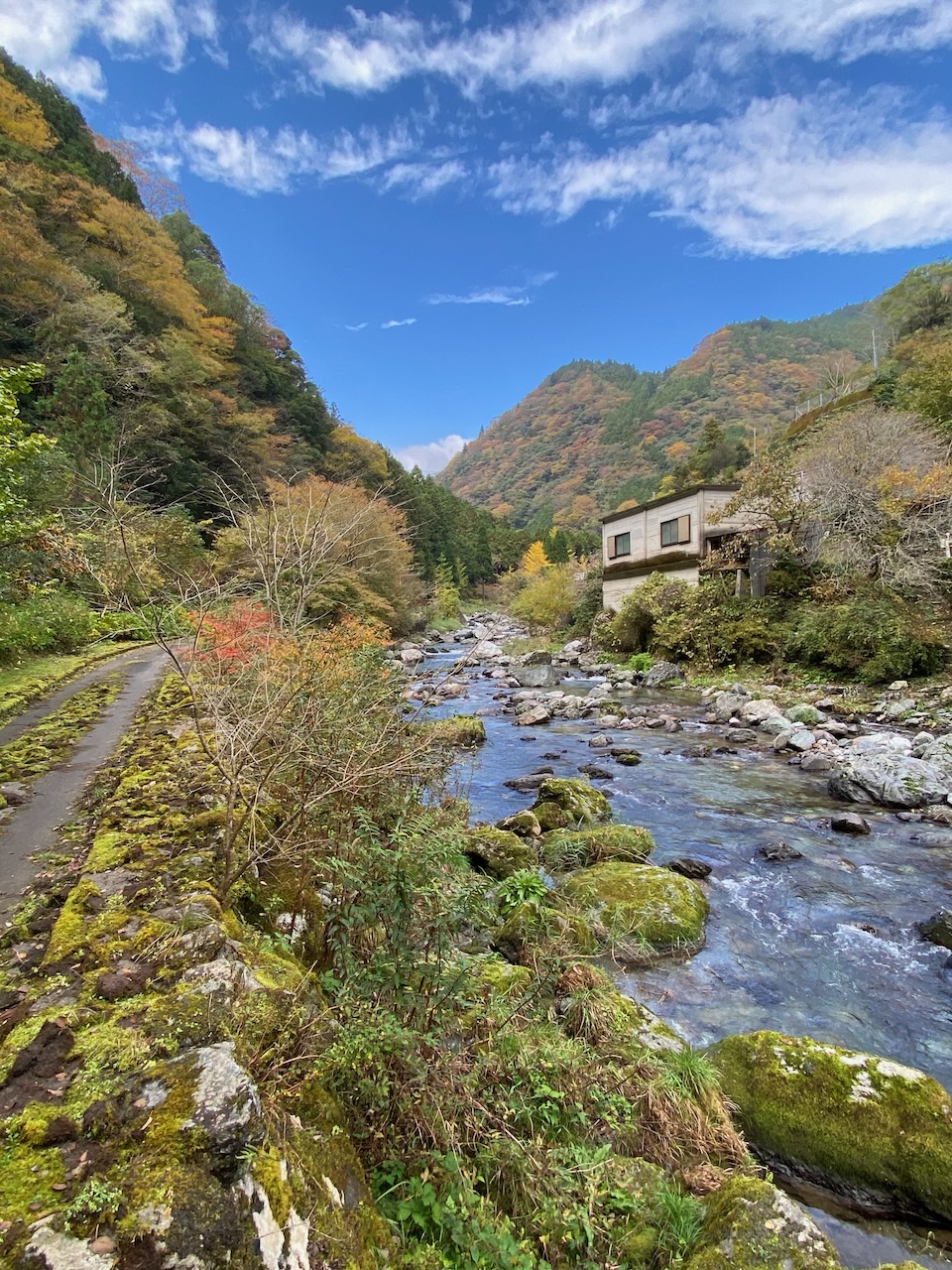 Autumn riverside walking trail along the Nakatsu River in Niyodogawa, Kochi.