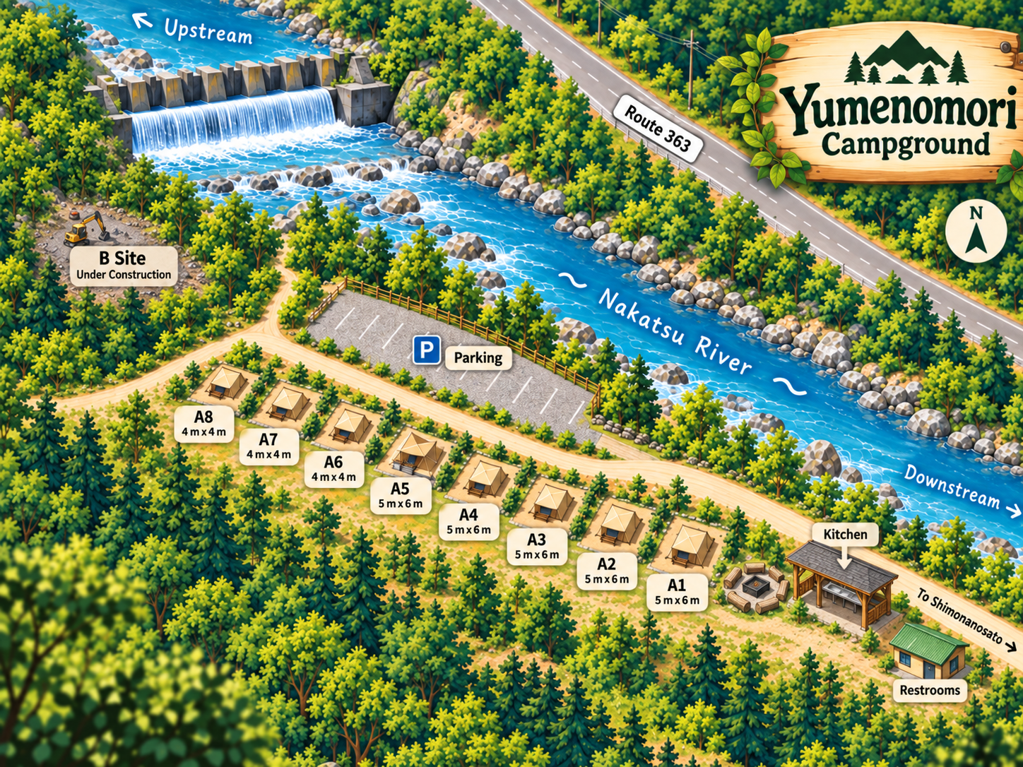 Map of Yumenomori Campground showing the 8 campsites and shared facilities
